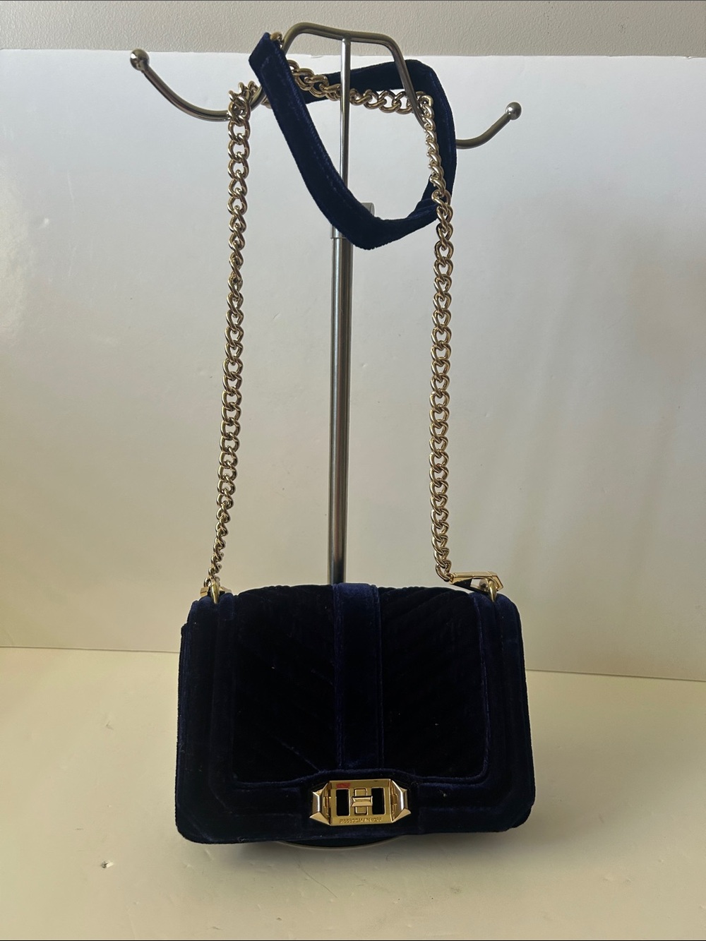 Rebecca Minkoff Navy Quilted Velvet Chain Crossbody with Gold Hardware Like New